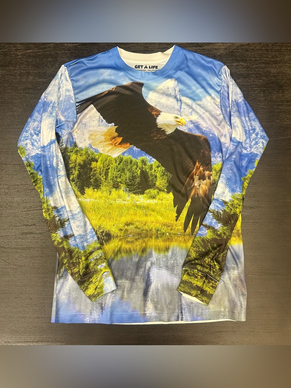 GET A LIFE Long Sleeve T-Shirt Bald Eagle All Over Print Flying Men's Size Small